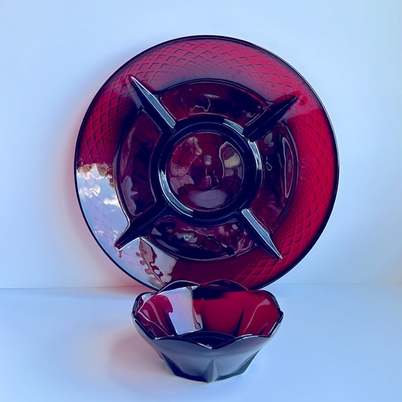 ‘Antique Ruby’ Cristal D'Arques France Ruby Red Divided Plate and Dip Bowl - Picture 6 of 11